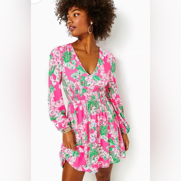 Lilly Pulitzer NEW Calla long sleeve v neck Pink and Green Floral Dress - Picture 1 of 6